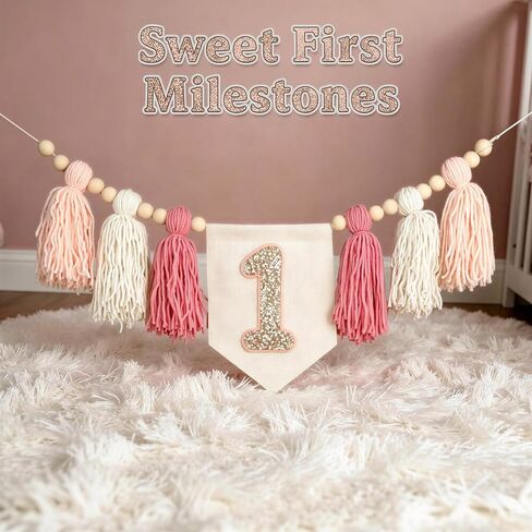 1st Birthday Party Decorations, Pink High Chair Banner with Tassels & Wood Beads, Cone Hat, Sparkly Number 1 Cake Topper, Sweet 1st Birthday Supplies for Photo Props & Party Decoration in Saudi Arabia