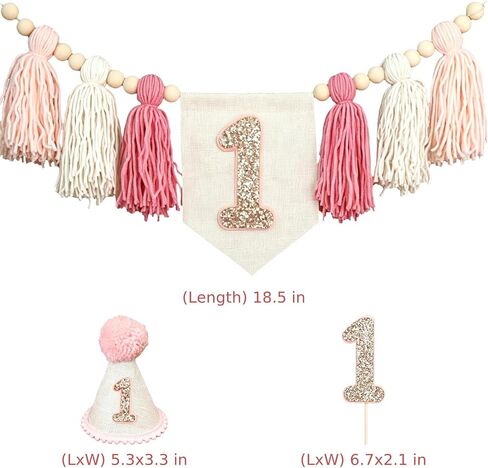 1st Birthday Party Decorations, Pink High Chair Banner with Tassels & Wood Beads, Cone Hat, Sparkly Number 1 Cake Topper, Sweet 1st Birthday Supplies for Photo Props & Party Decoration in Saudi Arabia