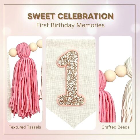 1st Birthday Party Decorations, Pink High Chair Banner with Tassels & Wood Beads, Cone Hat, Sparkly Number 1 Cake Topper, Sweet 1st Birthday Supplies for Photo Props & Party Decoration in Saudi Arabia