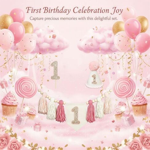 1st Birthday Party Decorations, Pink High Chair Banner with Tassels & Wood Beads, Cone Hat, Sparkly Number 1 Cake Topper, Sweet 1st Birthday Supplies for Photo Props & Party Decoration in Saudi Arabia