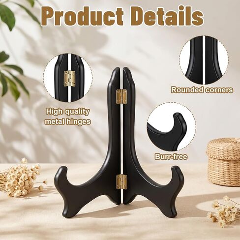 7 Inch Wooden Display Stand, Black Folding Photo Holder Stand, Decorative Plate Easel for Pictures, Artwork, Certificates, Table Decor, Wedding, Home, Birthday Party Desktop Ornaments (Black) in Kuwait