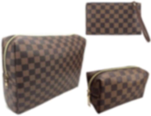 bopomofo Brown Checkered Cosmetic Bag 3 Pack,1 Big Pouch,1 Makeup Brushes Holder, 1 Coin Purse,Portable Travel Makeup Bag Set Lightweight and Waterproof Storage Bag Organizer (Brown Checkered 3 Pcs) in Saudi Arabia