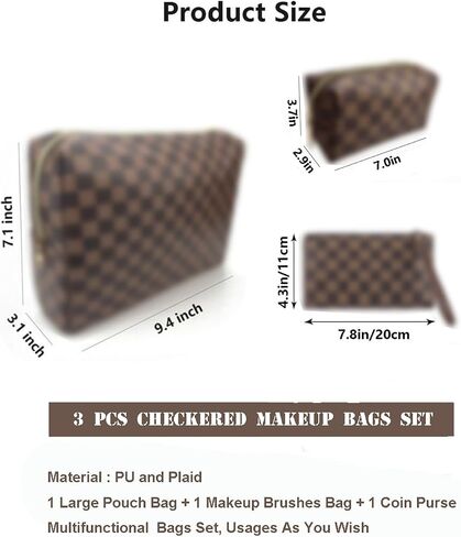 bopomofo Brown Checkered Cosmetic Bag 3 Pack,1 Big Pouch,1 Makeup Brushes Holder, 1 Coin Purse,Portable Travel Makeup Bag Set Lightweight and Waterproof Storage Bag Organizer (Brown Checkered 3 Pcs) in Saudi Arabia