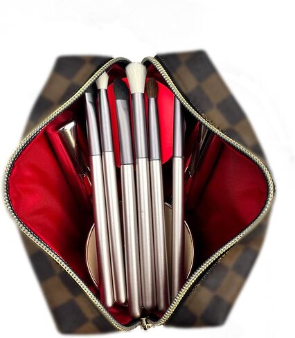 bopomofo Brown Checkered Cosmetic Bag 3 Pack,1 Big Pouch,1 Makeup Brushes Holder, 1 Coin Purse,Portable Travel Makeup Bag Set Lightweight and Waterproof Storage Bag Organizer (Brown Checkered 3 Pcs) in Saudi Arabia