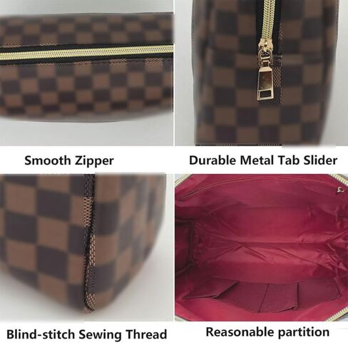 bopomofo Brown Checkered Cosmetic Bag 3 Pack,1 Big Pouch,1 Makeup Brushes Holder, 1 Coin Purse,Portable Travel Makeup Bag Set Lightweight and Waterproof Storage Bag Organizer (Brown Checkered 3 Pcs) in Saudi Arabia