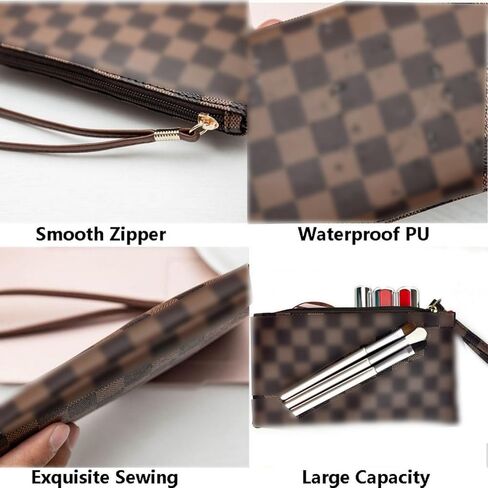 bopomofo Brown Checkered Cosmetic Bag 3 Pack,1 Big Pouch,1 Makeup Brushes Holder, 1 Coin Purse,Portable Travel Makeup Bag Set Lightweight and Waterproof Storage Bag Organizer (Brown Checkered 3 Pcs) in Saudi Arabia