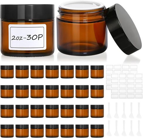 30 Pcs 2 oz Glass Jars with Lids, Amber Glass Jars with 40 Labels & 10 Spatulas, Inner Liners, LeakProof, UV-Protective,Round Glass Containers for Essential Oils, Spices, Candle Making,DIY in Saudi Arabia