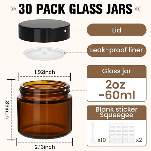 30 Pcs 2 oz Glass Jars with Lids, Amber Glass Jars with 40 Labels & 10 Spatulas, Inner Liners, LeakProof, UV-Protective,Round Glass Containers for Essential Oils, Spices, Candle Making,DIY in Saudi Arabia