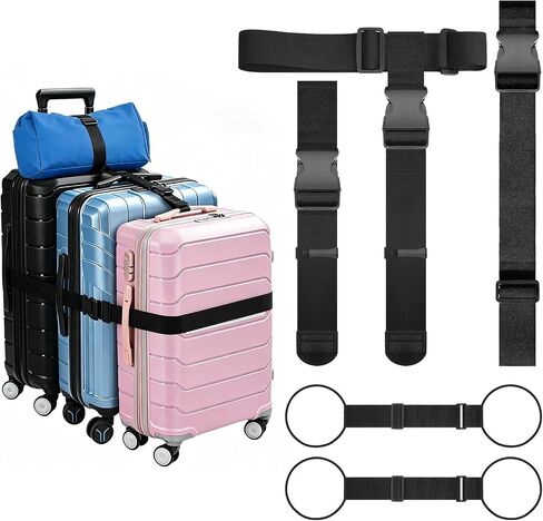 3 Packs Luggage Straps for Suitcases, 2 Luggage Connector Straps & Elastic Strap, Connect Up to 4 Suitcases ＆ Add a Bag, Heavy Duty Adjustable Travel Belt for 20-32 Inch Luggage, Black in Kuwait
