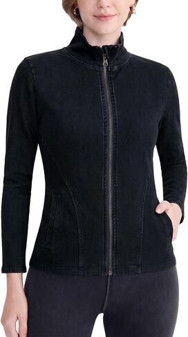 Women's Denim Jackets Slim Stretch Fit Zip Up Coats High Neck Long Sleeve Athletic Yoga Jean Tops with Pockets in Saudi Arabia