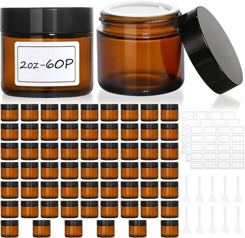 30 Pcs 2 oz Glass Jars with Lids, Amber Glass Jars with 40 Labels & 10 Spatulas, Inner Liners, LeakProof, UV-Protective,Round Glass Containers for Essential Oils, Spices, Candle Making,DIY in Saudi Arabia