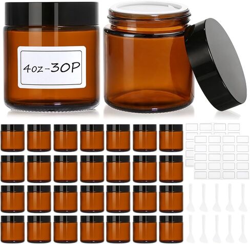 30 Pcs 2 oz Glass Jars with Lids, Amber Glass Jars with 40 Labels & 10 Spatulas, Inner Liners, LeakProof, UV-Protective,Round Glass Containers for Essential Oils, Spices, Candle Making,DIY in Saudi Arabia