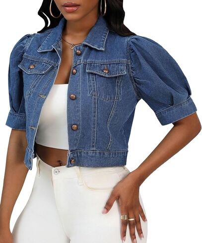 Sexyshine Women's Casual Puff Sleeve Cropped Denim Jean Jacket Button Down Half Sleeve Slim Denim Coat Crop Top in Kuwait