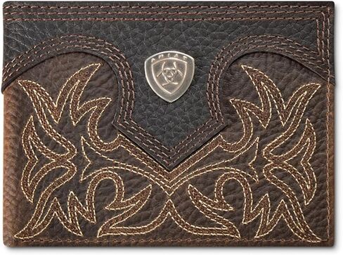 محفظة ARIAT الرجالية ذات الرقبة الطويلة Stitch Shield ثنائية الطي مع حافظة مرور قابلة للإزالة، جلد مطرز، بني in Saudi Arabia