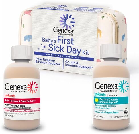 Genexa Baby 2 Pack Gift Set | Clean Infant Pain/Fever Relief + Organic Baby Cough Syrup & Immune Support | Dye-Free Sick Day Health Essentials for Infants & Toddlers in Kuwait