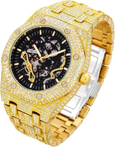 Vetra ICED Out Diamond Automatic Watch for Men Hip Hop Skeleton Big Face Self - Winding Luxury Gold Black Silver Stainless Wristwatch in Saudi Arabia