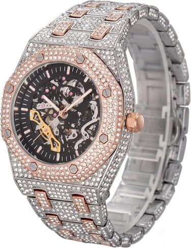 Vetra ICED Out Diamond Automatic Watch for Men Hip Hop Skeleton Big Face Self - Winding Luxury Gold Black Silver Stainless Wristwatch in Saudi Arabia