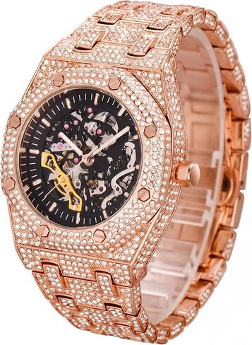 Vetra ICED Out Diamond Automatic Watch for Men Hip Hop Skeleton Big Face Self - Winding Luxury Gold Black Silver Stainless Wristwatch in Saudi Arabia