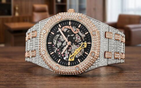 Vetra ICED Out Diamond Automatic Watch for Men Hip Hop Skeleton Big Face Self - Winding Luxury Gold Black Silver Stainless Wristwatch in Saudi Arabia