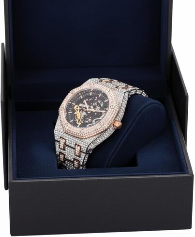 Vetra ICED Out Diamond Automatic Watch for Men Hip Hop Skeleton Big Face Self - Winding Luxury Gold Black Silver Stainless Wristwatch in Saudi Arabia