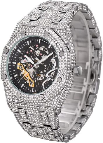 Vetra ICED Out Diamond Automatic Watch for Men Hip Hop Skeleton Big Face Self - Winding Luxury Gold Black Silver Stainless Wristwatch in Saudi Arabia