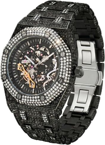 Vetra ICED Out Diamond Automatic Watch for Men Hip Hop Skeleton Big Face Self - Winding Luxury Gold Black Silver Stainless Wristwatch in Saudi Arabia