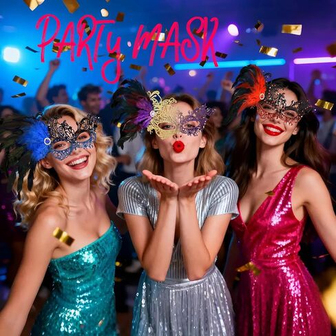 Hoshin Masquerade Mask for Women, Lace Venetian Masks with Feathers Mardi Gras Party Masks Costume in Saudi Arabia