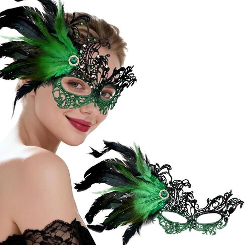 Hoshin Masquerade Mask for Women, Lace Venetian Masks with Feathers Mardi Gras Party Masks Costume in Saudi Arabia