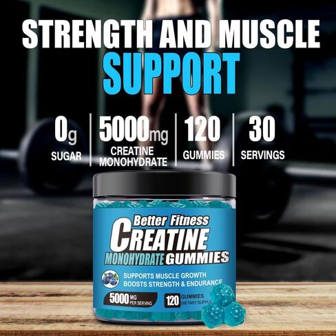 Creapure Creatine Gummies 5G per Serving with L-Taurine, Blueberry, 120 Count, Muscle Growth, Strength, Recovery and Energy Supplement, Vegan, Sugar Free, Men and Women, 30 Servings in Kuwait