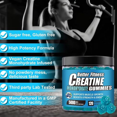 Creapure Creatine Gummies 5G per Serving with L-Taurine, Blueberry, 120 Count, Muscle Growth, Strength, Recovery and Energy Supplement, Vegan, Sugar Free, Men and Women, 30 Servings in Kuwait