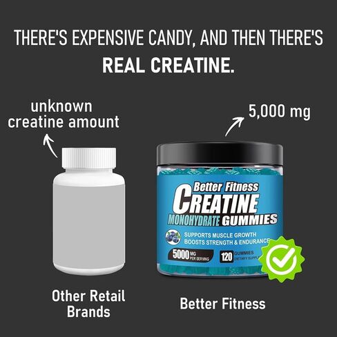 Creapure Creatine Gummies 5G per Serving with L-Taurine, Blueberry, 120 Count, Muscle Growth, Strength, Recovery and Energy Supplement, Vegan, Sugar Free, Men and Women, 30 Servings in Kuwait