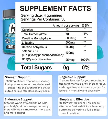 Creapure Creatine Gummies 5G per Serving with L-Taurine, Blueberry, 120 Count, Muscle Growth, Strength, Recovery and Energy Supplement, Vegan, Sugar Free, Men and Women, 30 Servings in Kuwait
