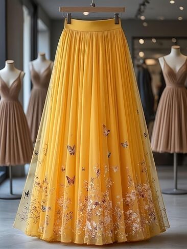 Women's Yellow Tulle Maxi Skirt Floral Butterfly Print High Waist Pleated A-Line Long Skirt, XS-XXL in Kuwait