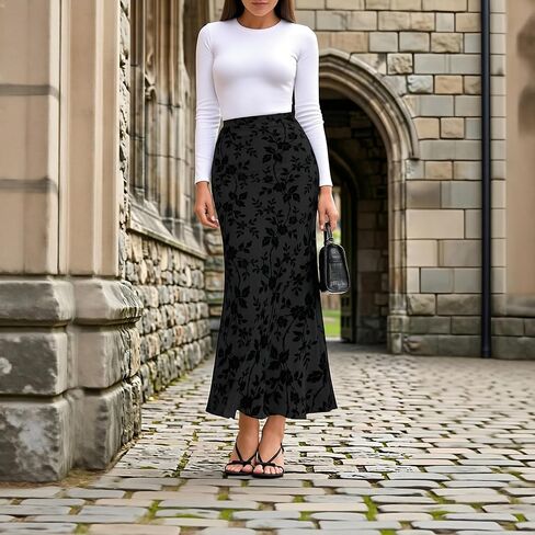 Womens Floral Mesh Maxi Skirt Elastic High Waisted Boho Elegant Mermaid 2026 Summer Fall Long Skirts for Women in Kuwait