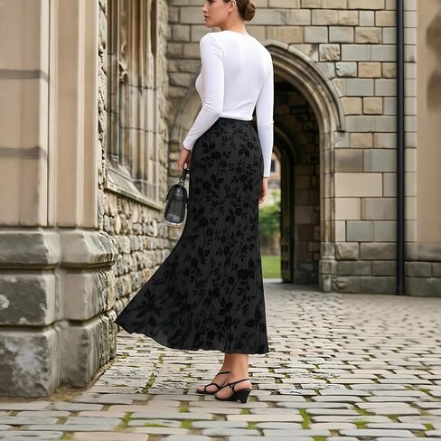 Womens Floral Mesh Maxi Skirt Elastic High Waisted Boho Elegant Mermaid 2026 Summer Fall Long Skirts for Women in Kuwait