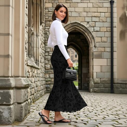 Womens Floral Mesh Maxi Skirt Elastic High Waisted Boho Elegant Mermaid 2026 Summer Fall Long Skirts for Women in Kuwait