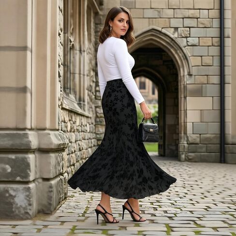 Womens Floral Mesh Maxi Skirt Elastic High Waisted Boho Elegant Mermaid 2026 Summer Fall Long Skirts for Women in Kuwait