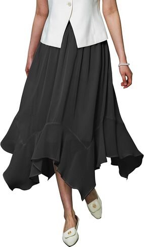 Women's Lightweight Chiffon Midi Skirt with Handkerchief Hem - Elastic Waist Flowy A-Line Skirt in Kuwait