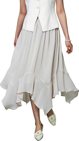 Women's Lightweight Chiffon Midi Skirt with Handkerchief Hem - Elastic Waist Flowy A-Line Skirt in Kuwait