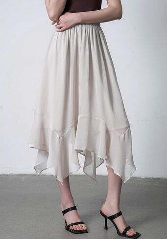 Women's Lightweight Chiffon Midi Skirt with Handkerchief Hem - Elastic Waist Flowy A-Line Skirt in Kuwait