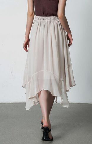 Women's Lightweight Chiffon Midi Skirt with Handkerchief Hem - Elastic Waist Flowy A-Line Skirt in Kuwait