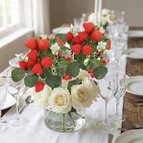 DECHOUS 2Pcs Fake Strawberry Flower Bouquet - Artificial Strawberry Branches Simulated Fruits Flower Arrangement for Home Restaurant Table Wedding Decor in Kuwait