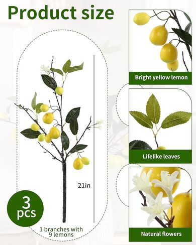 DuHouse 3Pcs Artificial Lemons Branches,27 Head Artificial Yellow Lemons Faux Greenery Stems for Kitchen Home Garden Party Decor in Saudi Arabia