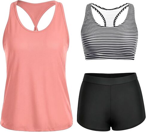 Women's 3 Piece Tankini Swimsuit, Low Rise Boy Shorts with Sports Bra & Tankini Top, Modest Swimwear for Beach Pool in Saudi Arabia