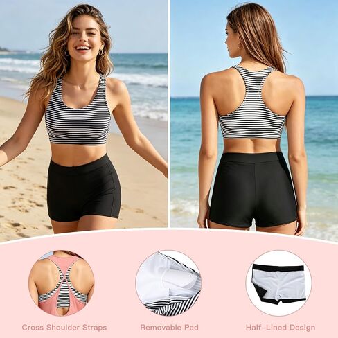 Women's 3 Piece Tankini Swimsuit, Low Rise Boy Shorts with Sports Bra & Tankini Top, Modest Swimwear for Beach Pool in Saudi Arabia