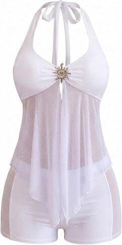 Verdusa Women's 2 Piece Halter Tankini Swimsuits Babydoll Tops with Shorts in Kuwait