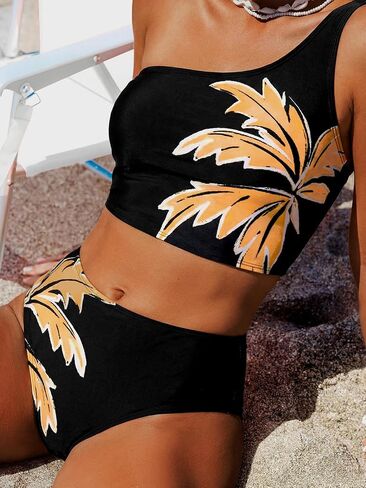 CUPSHE Women's Tankini Set High Waisted Asymmetrical Neck One Shoulder Crisscross Lace Up Bathing Suit in Kuwait