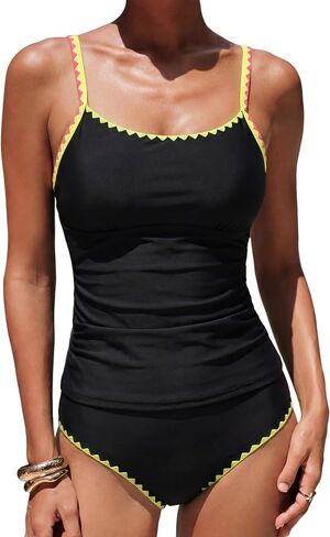 ZEZCLO Womens Two Piece Tankini Swimsuits Tummy Control Ruched Bathing Suit Shell Stitched Color Block Swimwear in Saudi Arabia