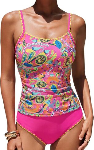 ZEZCLO Womens Two Piece Tankini Swimsuits Tummy Control Ruched Bathing Suit Shell Stitched Color Block Swimwear in Saudi Arabia