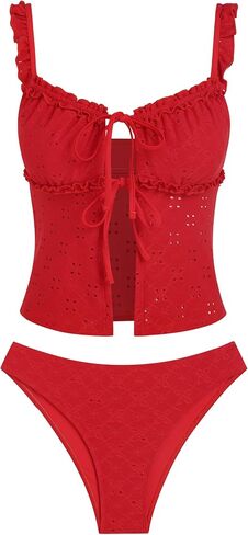 ZAFUL Women's Tie Front Bowknot Smocked Ruffles High Cut Thong Two Piece Tankini Sets in Kuwait